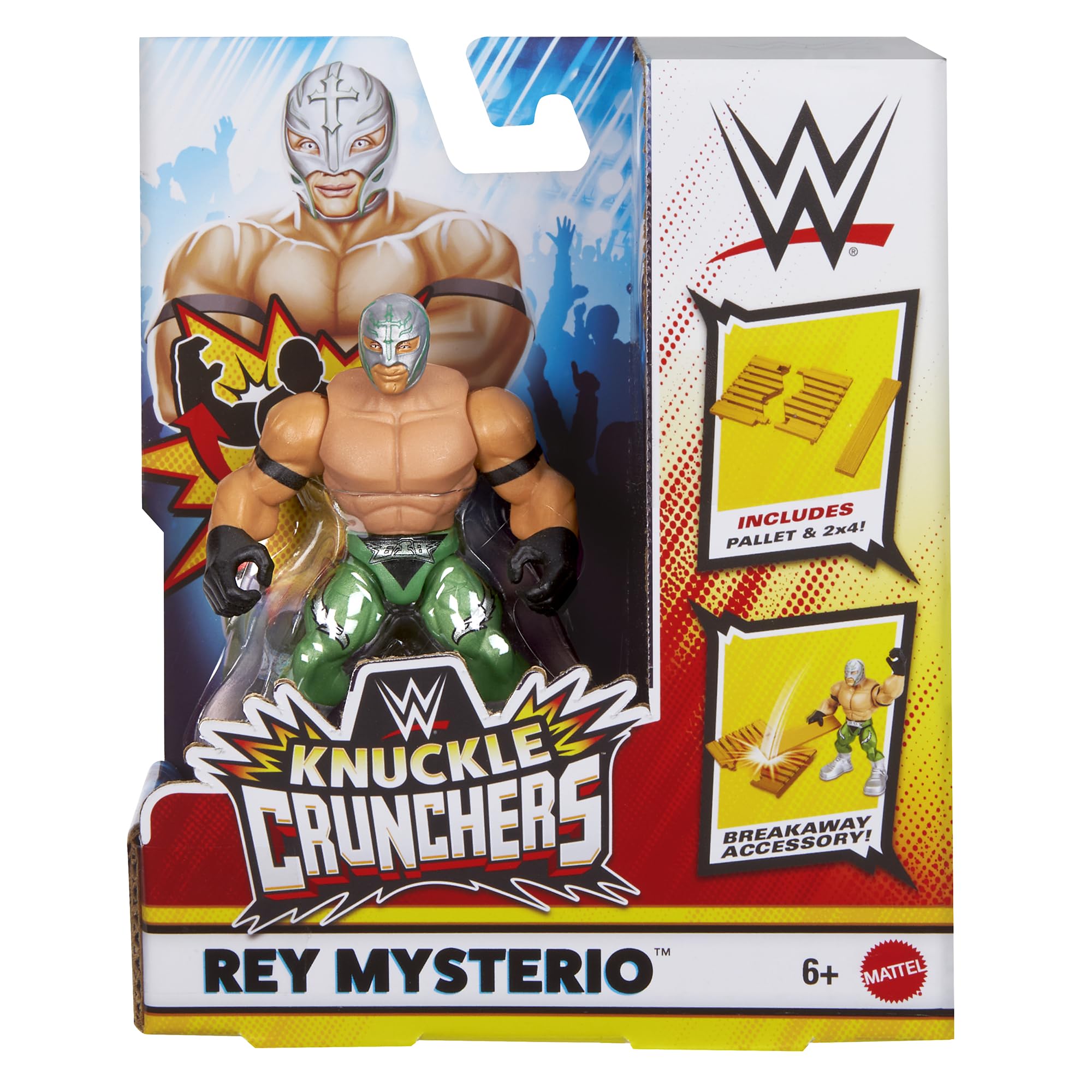 WWE Rey Mysterio green Knuckle Crunchers action figure pack shot for display and imaginative play