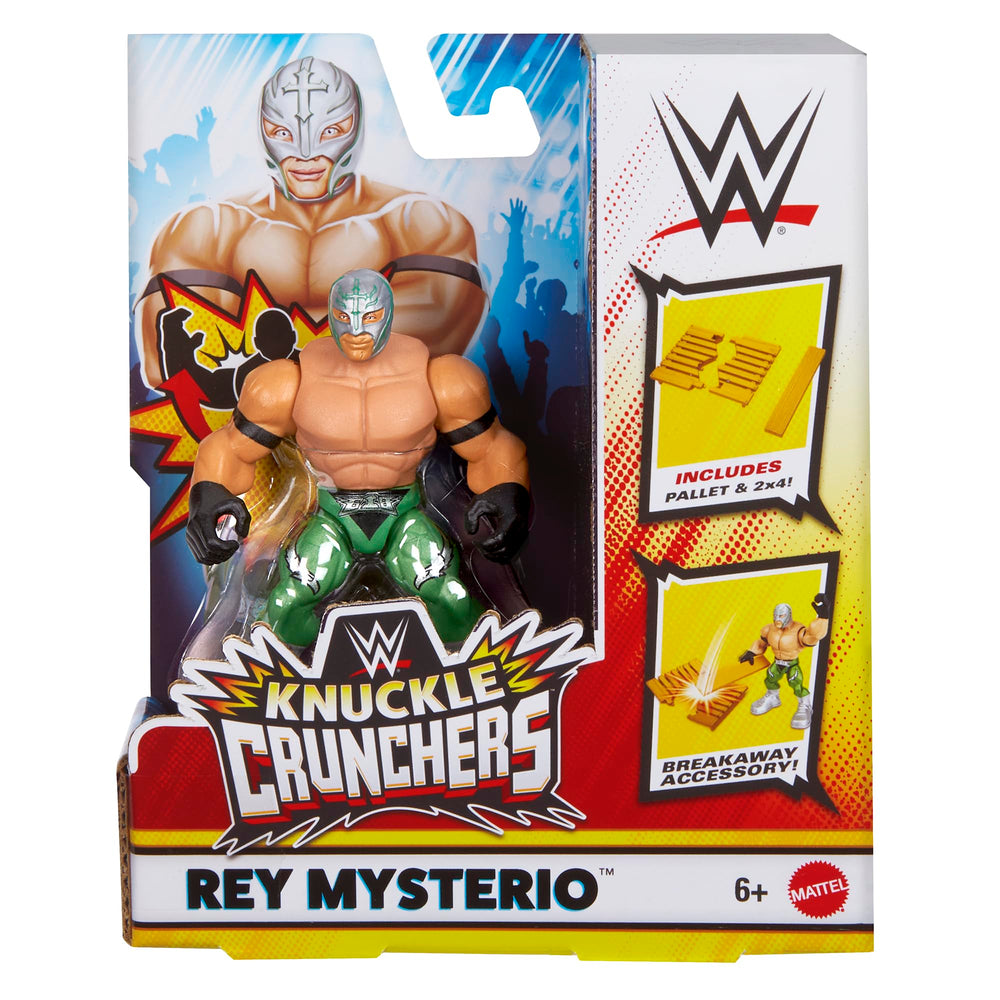 WWE Rey Mysterio green Knuckle Crunchers action figure pack shot for display and imaginative play