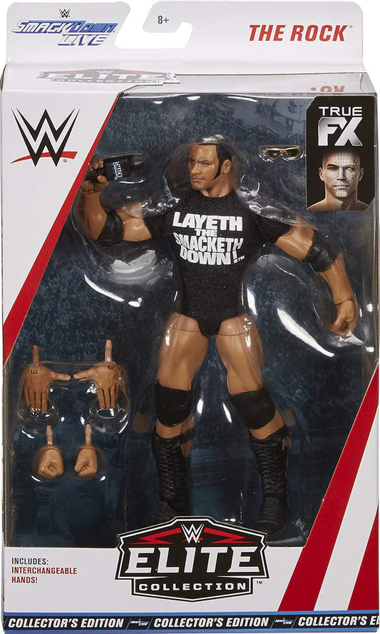 WWE The Rock action figure, Exclusive Collector's Edition with interchangeable hands for dynamic display.