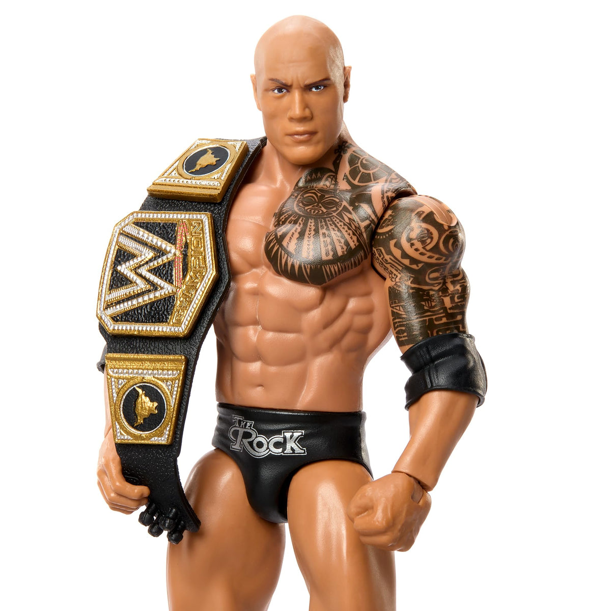 WWE The Rock action figure front view showing detailed likeness for display