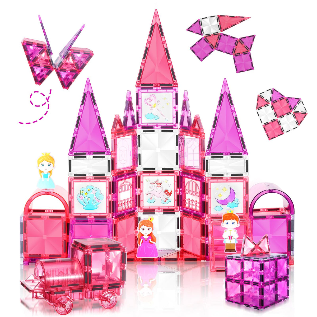 W WISE BLOCK 101pcs magnetic blocks set builds a castle with cars, sparking imaginative play.