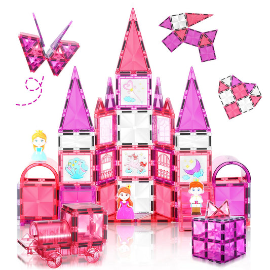 W WISE BLOCK 101pcs magnetic blocks set builds a castle with cars, sparking imaginative play.