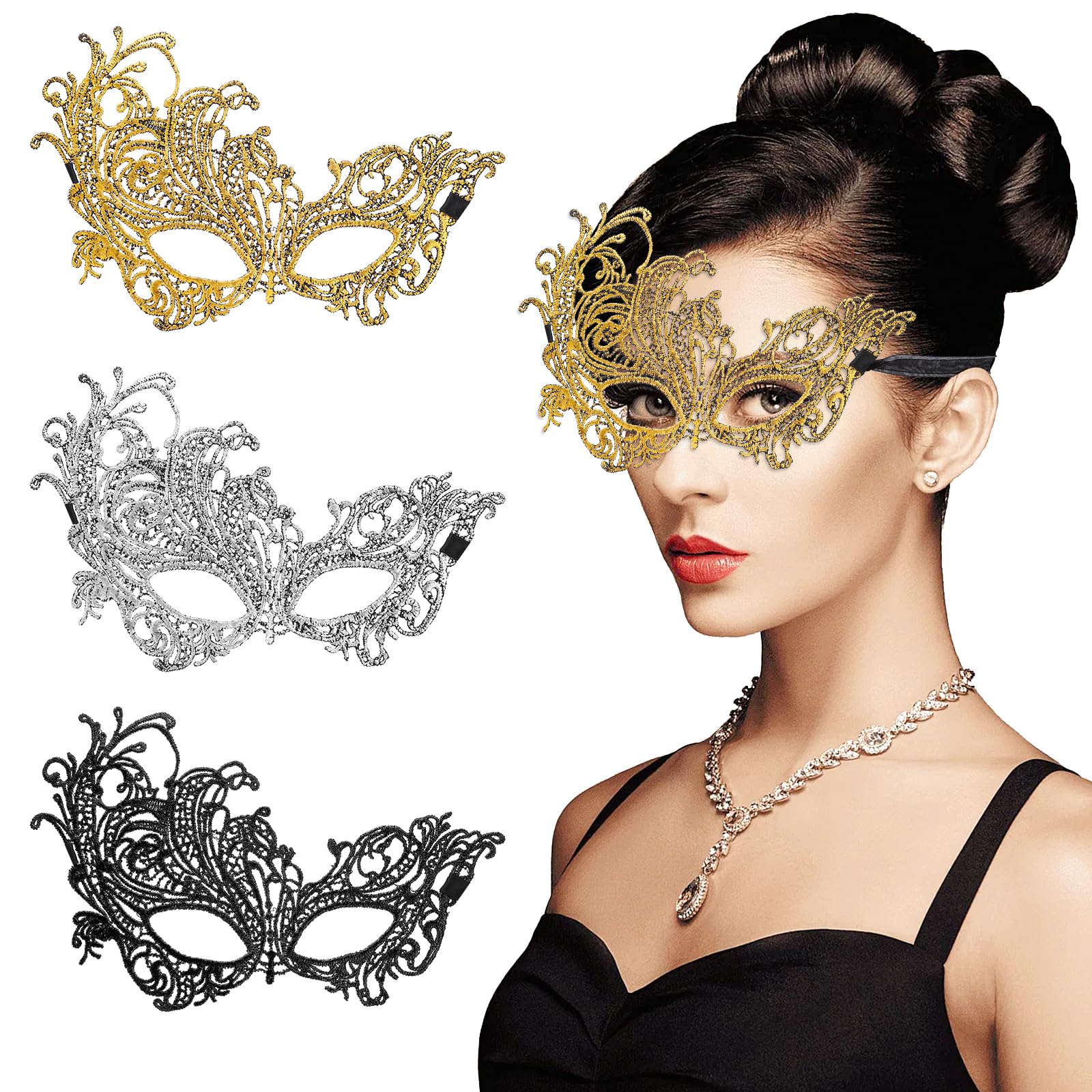 WY LIGHTING LEVEL 3-Pieces Masquerade Mask in black lace with adjustable ribbon for elegant parties.