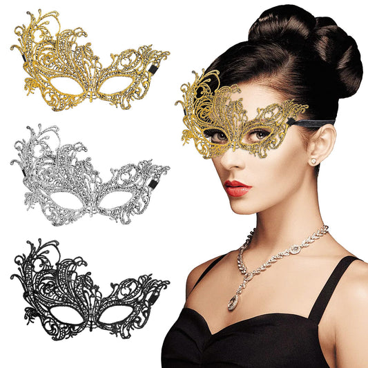 WY LIGHTING LEVEL 3-Pieces Masquerade Mask in black lace with adjustable ribbon for elegant parties.