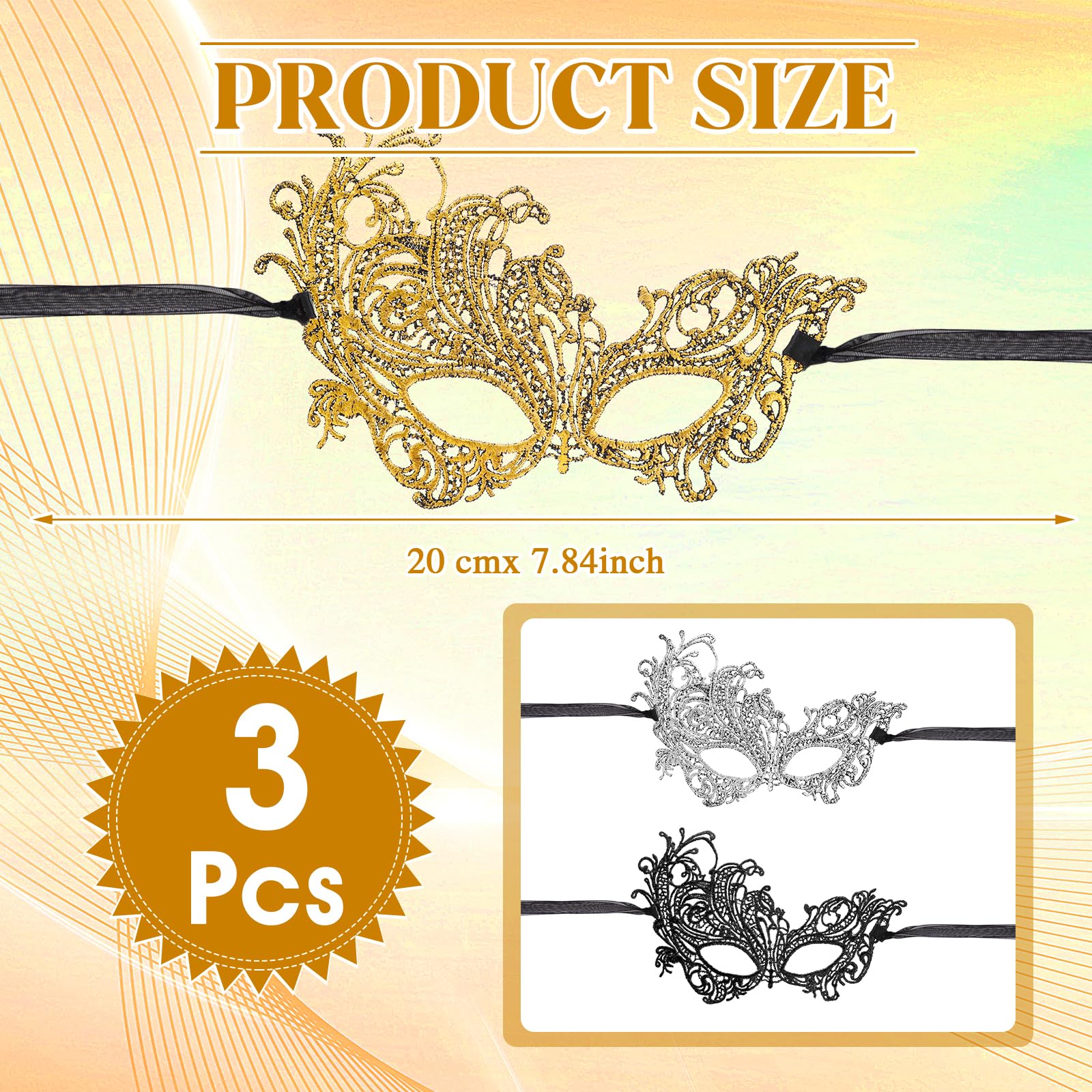 WY LIGHTING LEVEL 3-Pieces Masquerade Mask in gold lace, ideal for Mardi Gras celebrations.