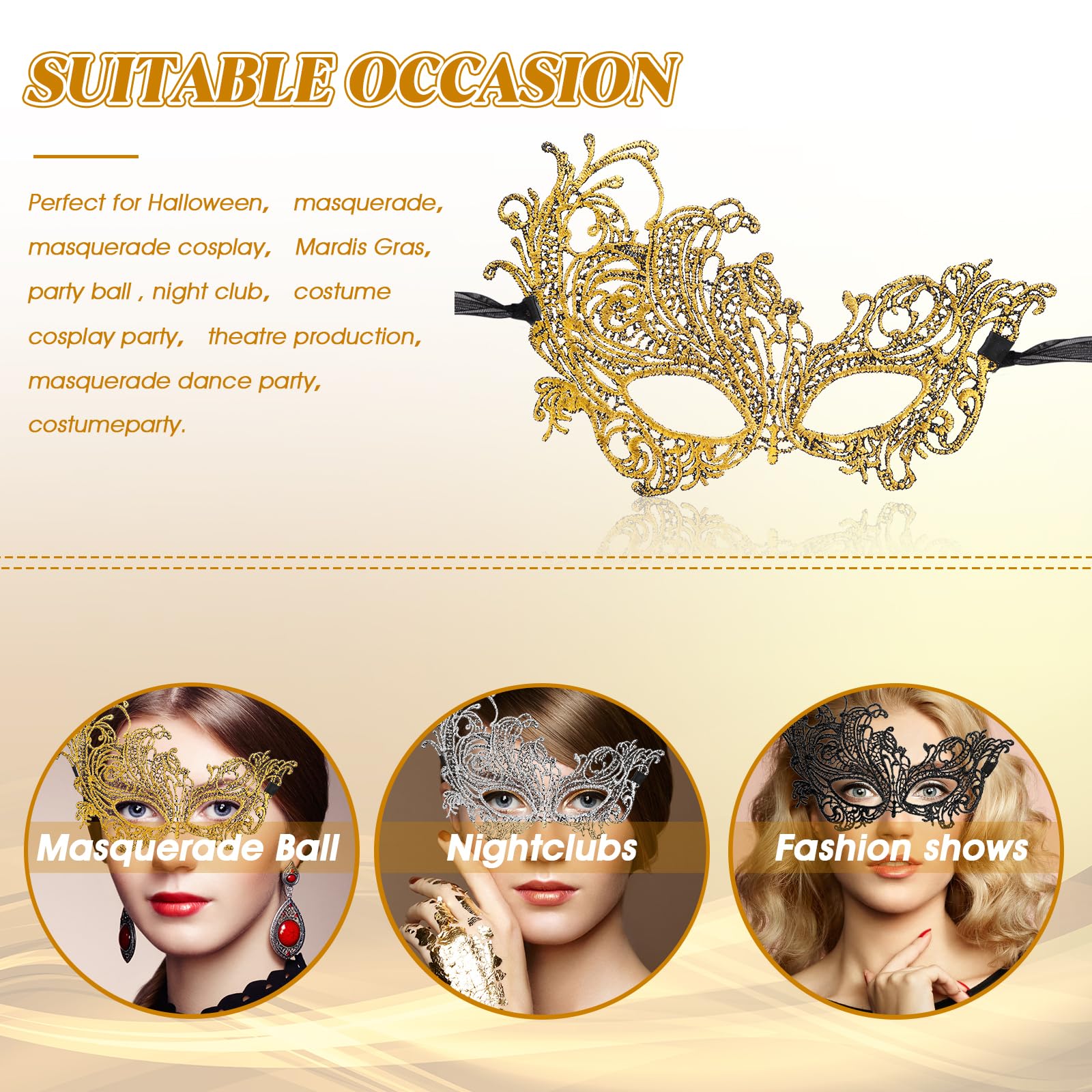 WY LIGHTING LEVEL Masquerade Mask with black ribbon band, adjustable fit for varied hairstyles.
