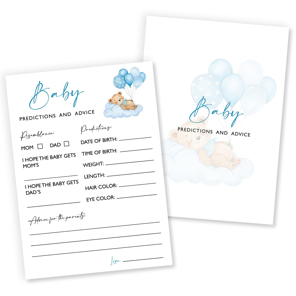 Wybgno baby predictions cards with blue bear theme; perfect keepsake for shower memories.