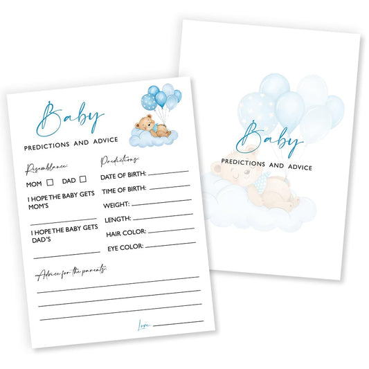 Wybgno baby predictions cards with blue bear theme; perfect keepsake for shower memories.
