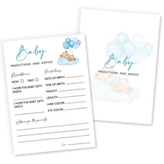 Wybgno baby predictions cards with blue bear theme; perfect keepsake for shower memories.