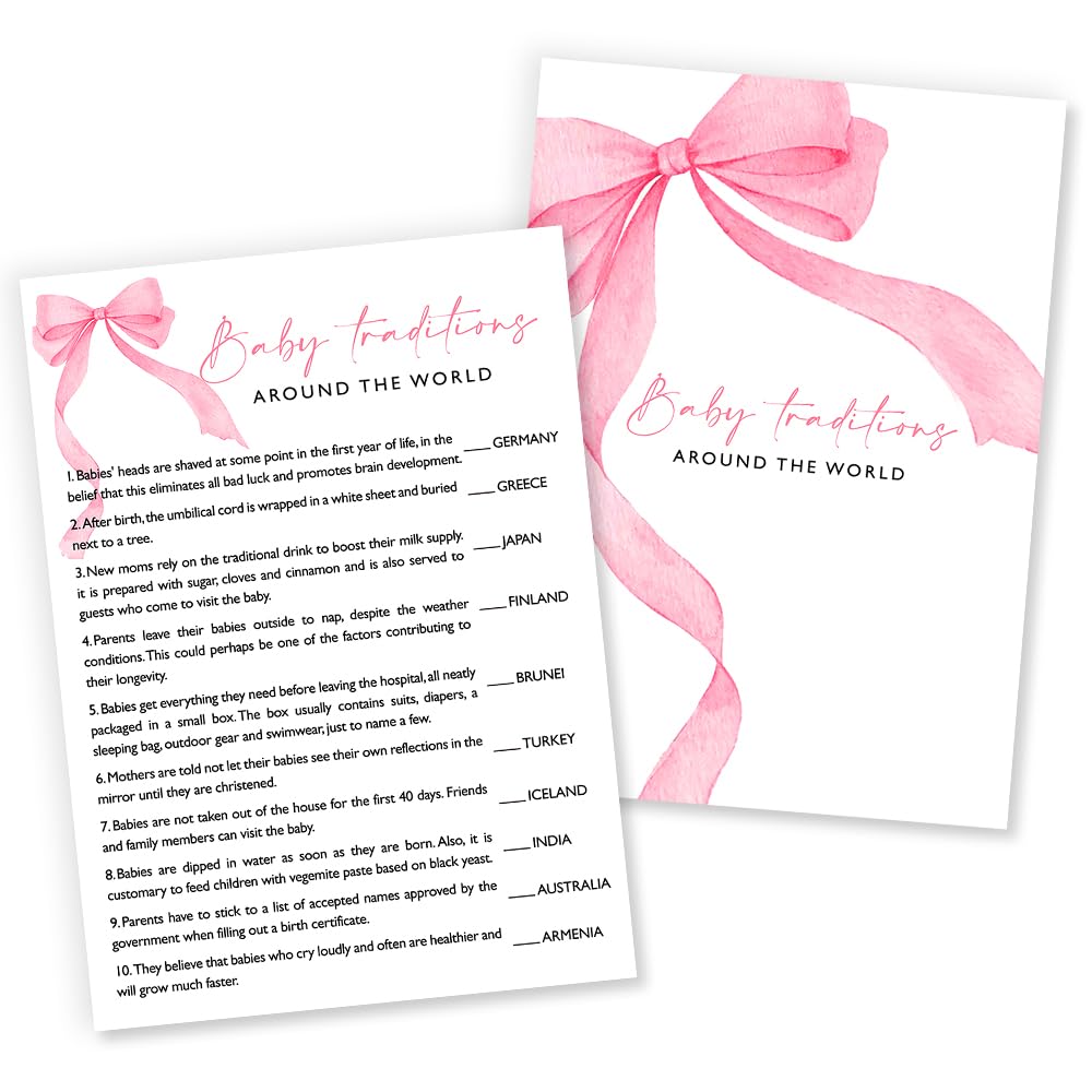 Wybgno baby traditions world pink bow cards engage guests at a baby shower