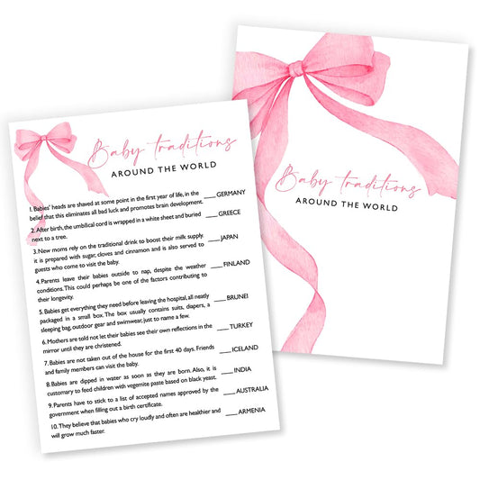 Wybgno baby traditions world pink bow cards engage guests at a baby shower