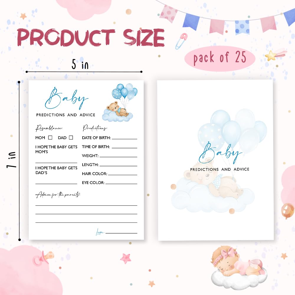 Wybgno blue bear and balloon shower game cards, festive design for a baby boy.