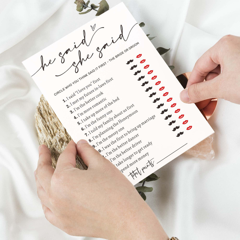 Wybgno bridal shower game card pack shown in elegant white cardstock.