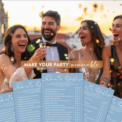 Wybgno bride and groom joy cards in blue design.