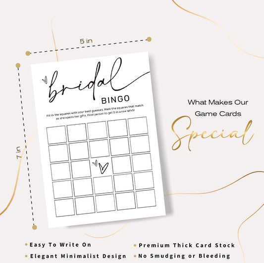 Wybgno bride-to-be bingo game pack shown in minimalist white design for elegant wedding decor.