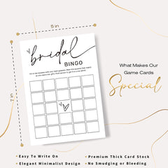 Wybgno bride-to-be bingo game pack shown in minimalist white design for elegant wedding decor.