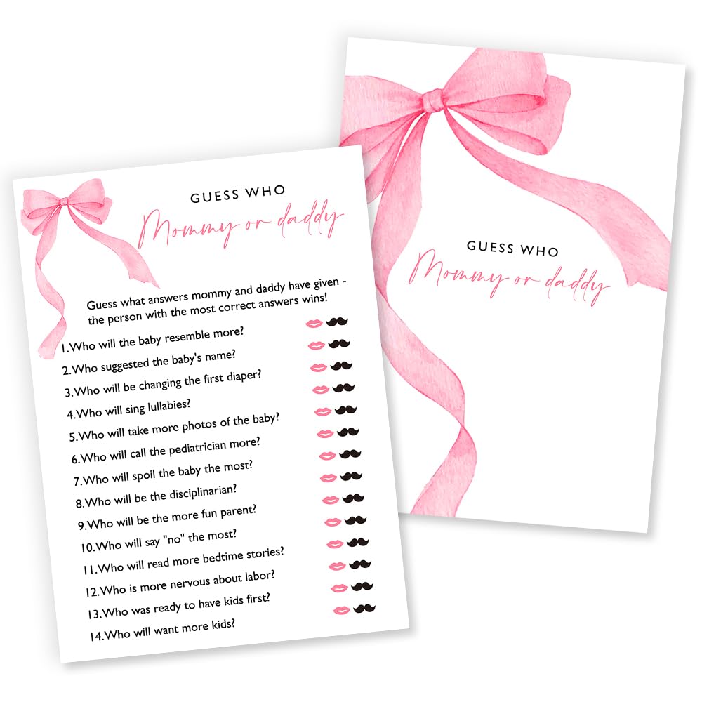 Wybgno Guess Who Mommy or Daddy game with pink bow, ideal for engaging guests.