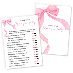Wybgno Guess Who Mommy or Daddy game with pink bow, ideal for engaging guests.