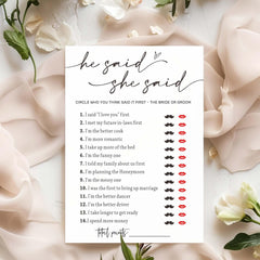 Wybgno he said she said card featuring playful prompts for couples at celebrations.