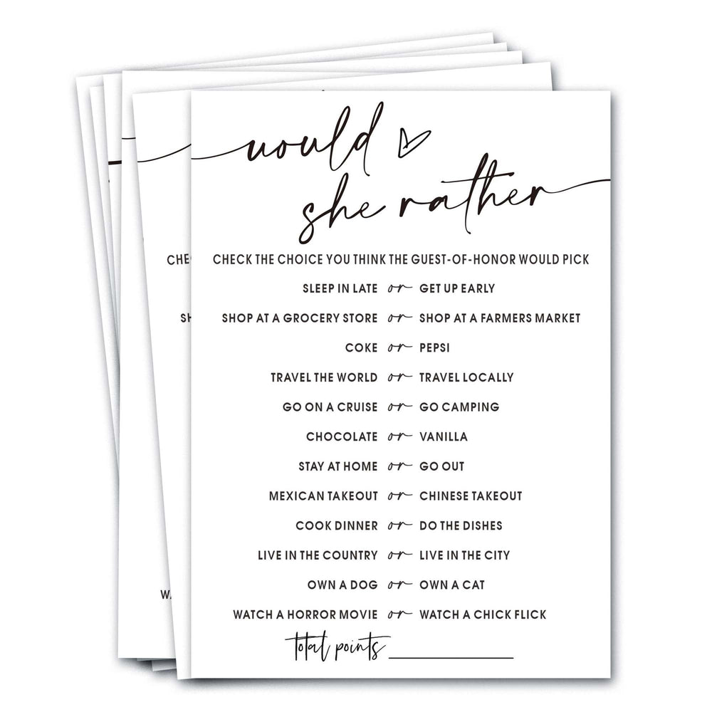 Wybgno wedding games cards pack front - minimalist white design for a chic bridal shower.