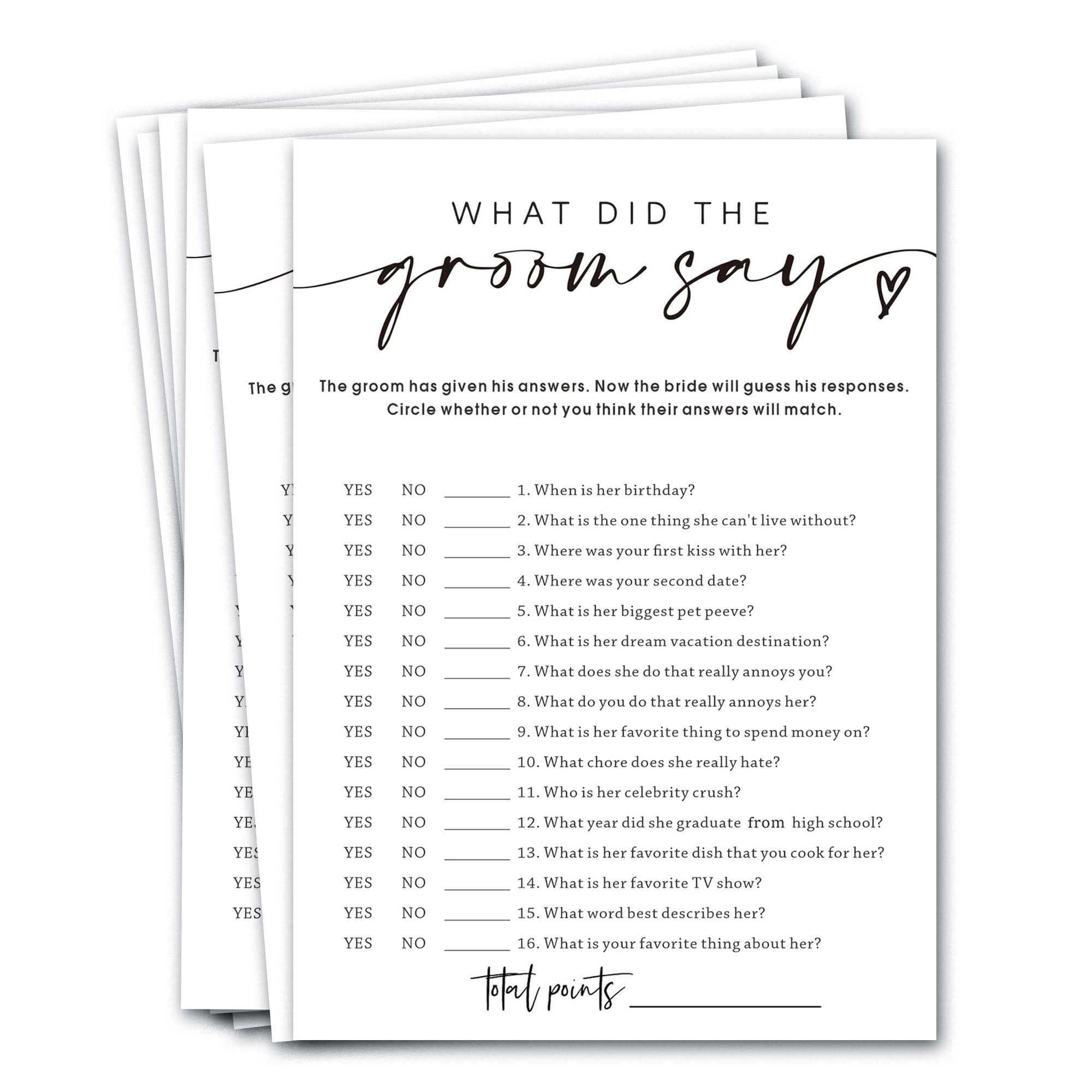 Wybgno wedding shower cards showing What Did the Groom Say for guests' fun memories