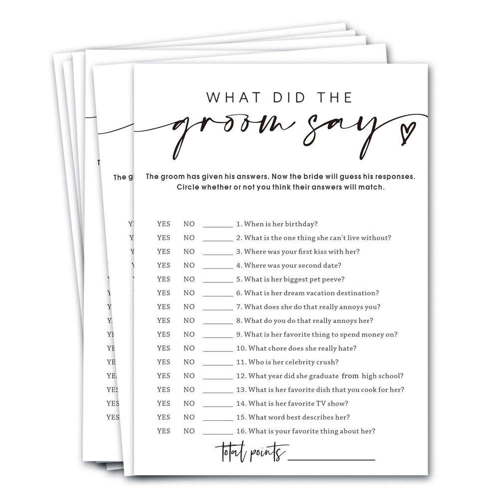 Wybgno wedding shower cards showing What Did the Groom Say for guests' fun memories