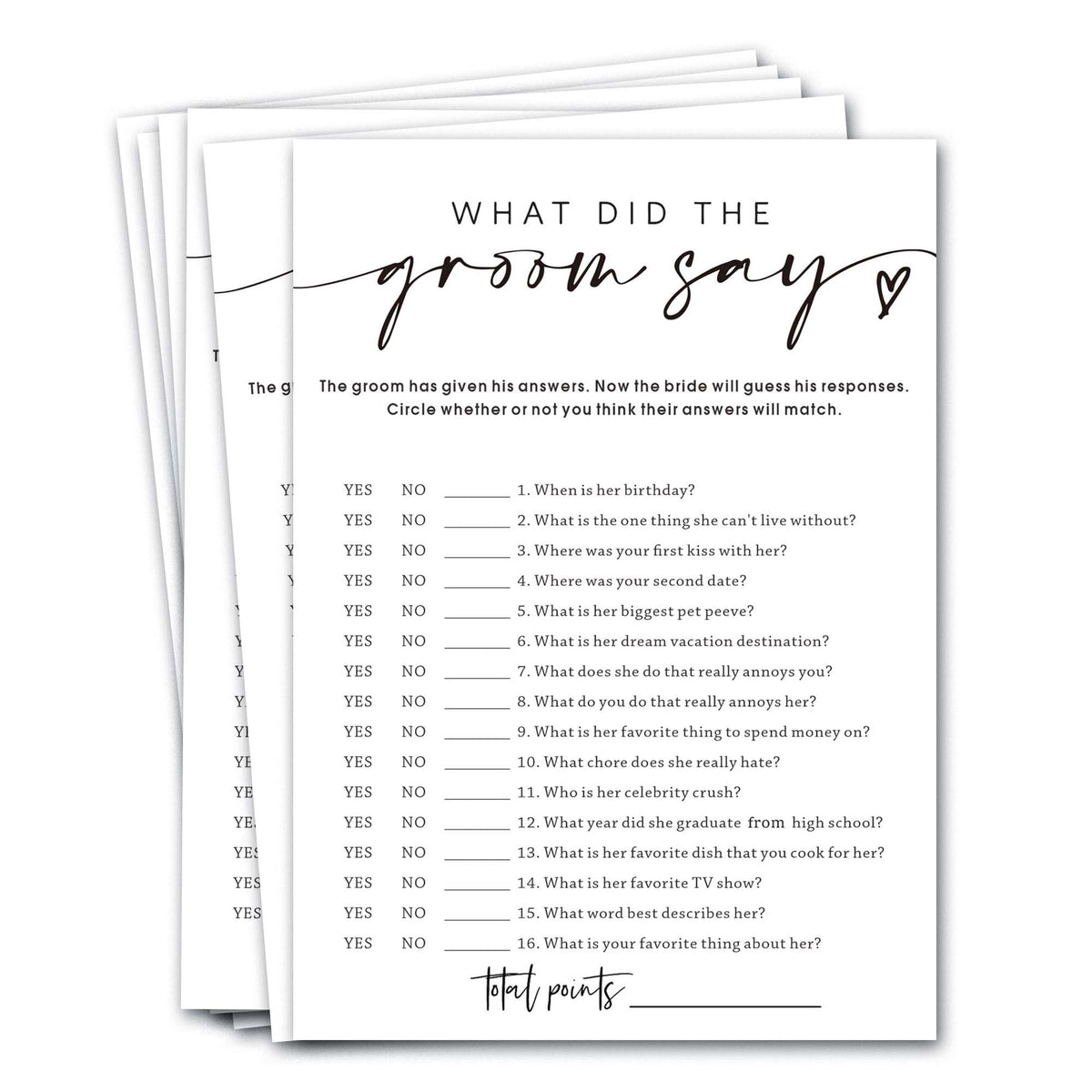 Wybgno wedding shower cards showing What Did the Groom Say for guests' fun memories