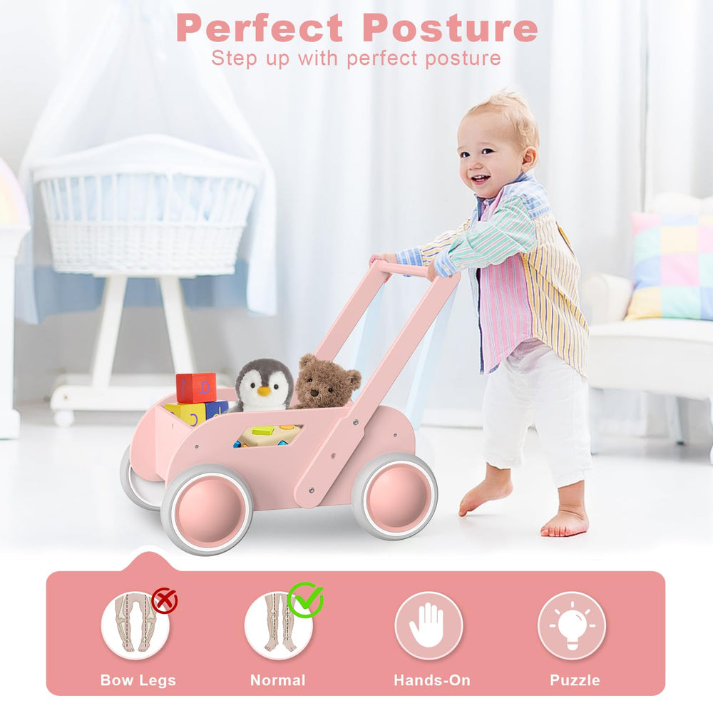 WyfKyd pink wooden baby walker back view with anti tipping support