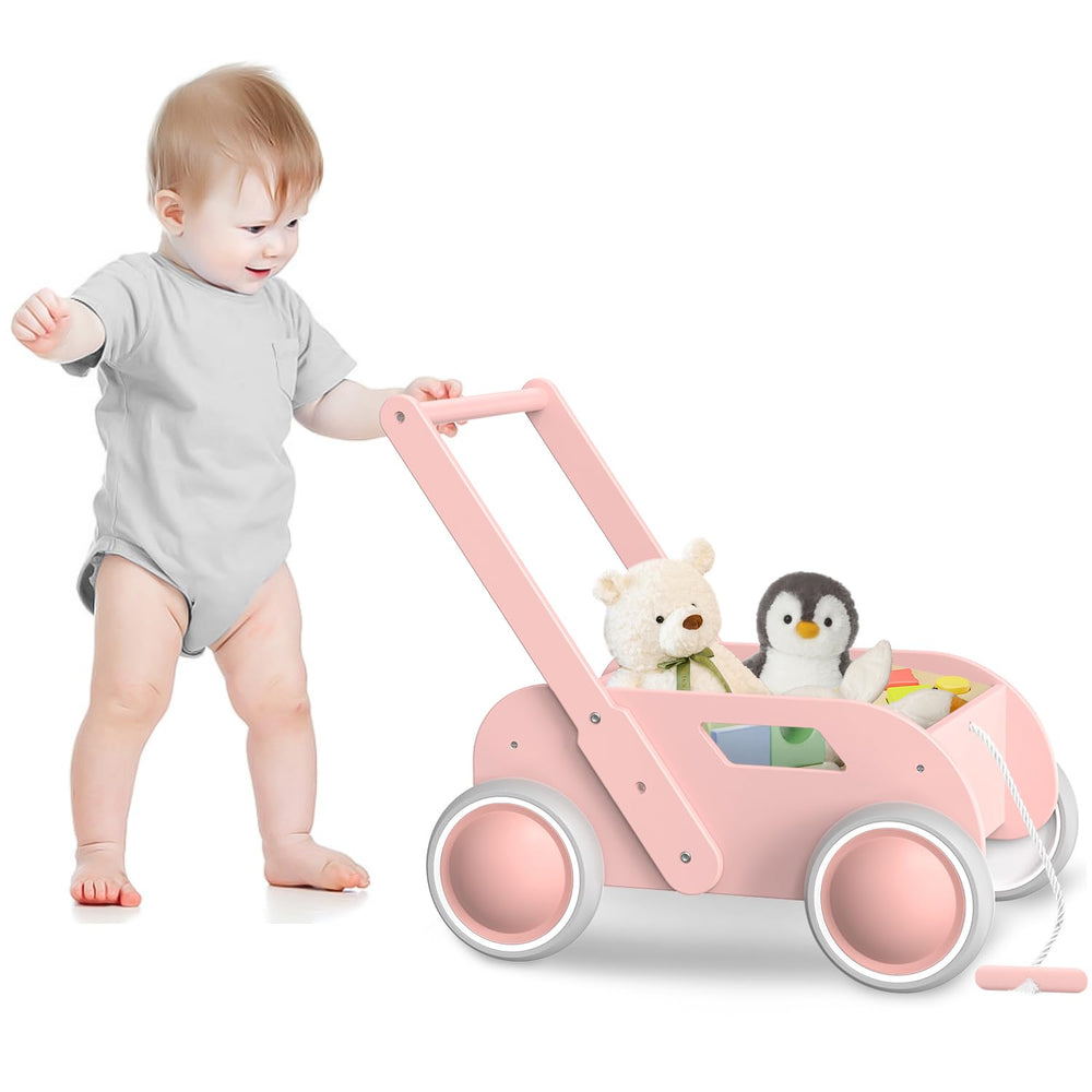 WyfKyd pink wooden baby walker front view with easy-grip handle for stable learning