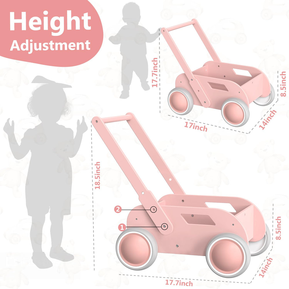 WyfKyd pink wooden baby walker height adjustment feature in use