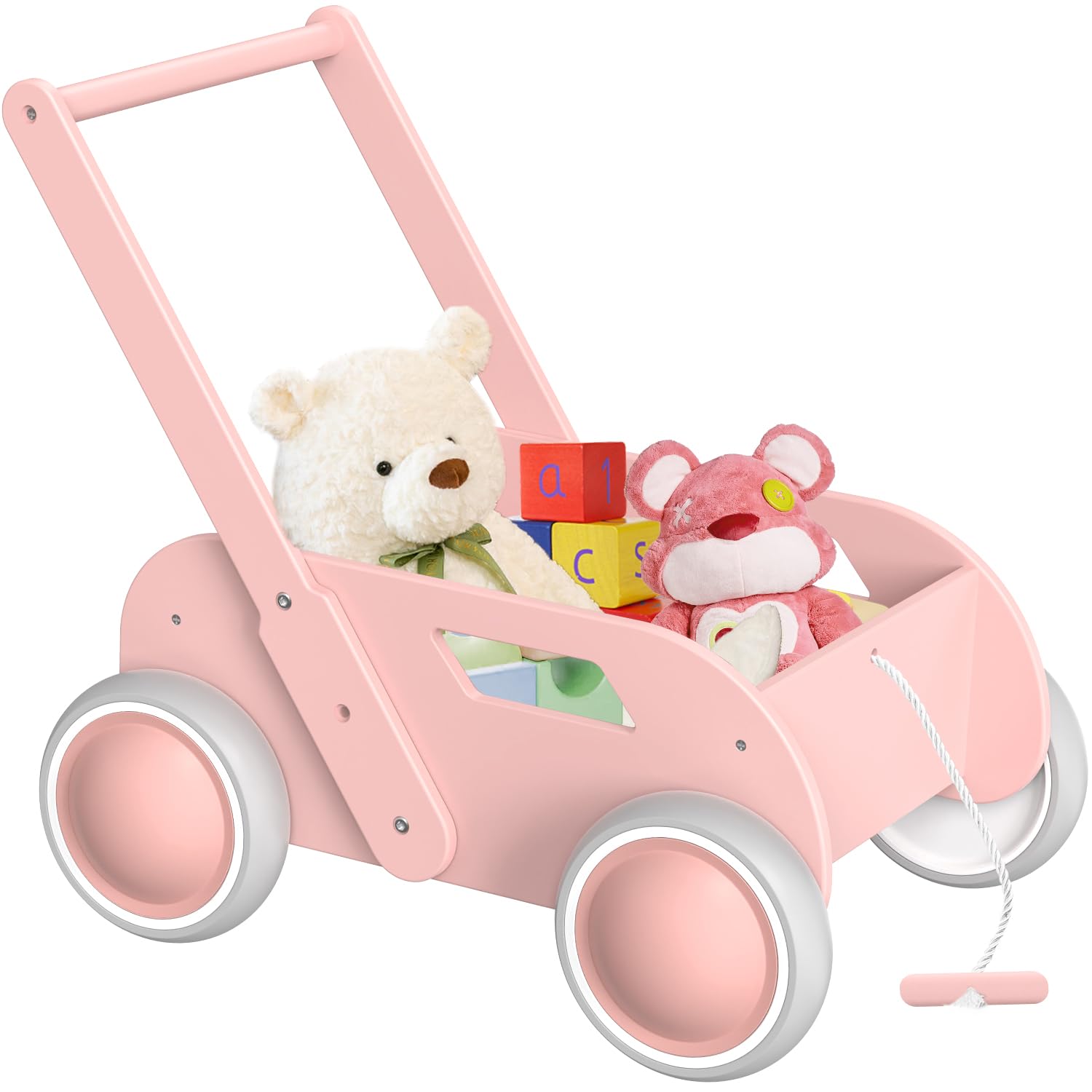 WyfKyd pink wooden baby walker side view highlighting adjustable height for growing toddlers