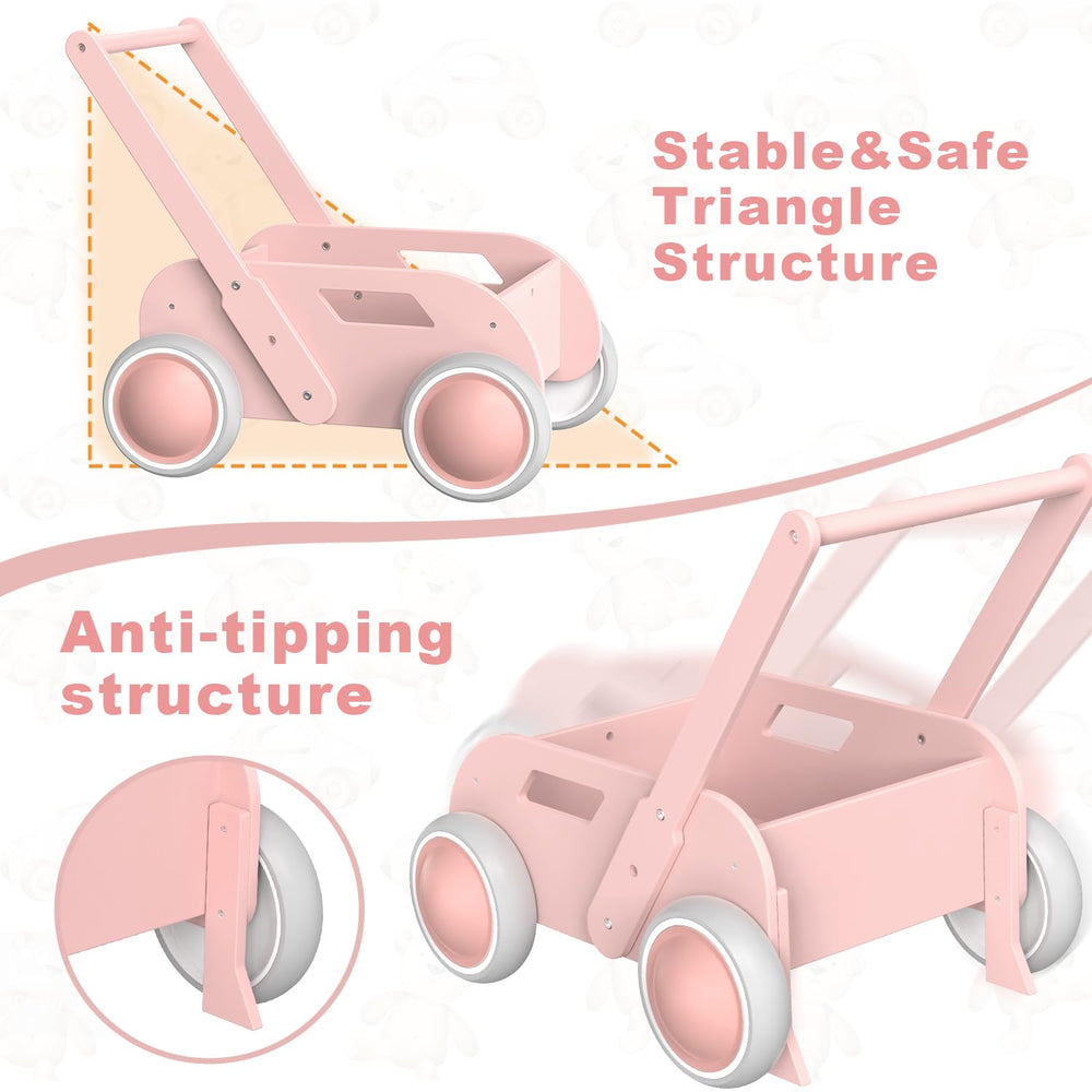 WyfKyd pink wooden baby walker storage compartment for toys and blocks