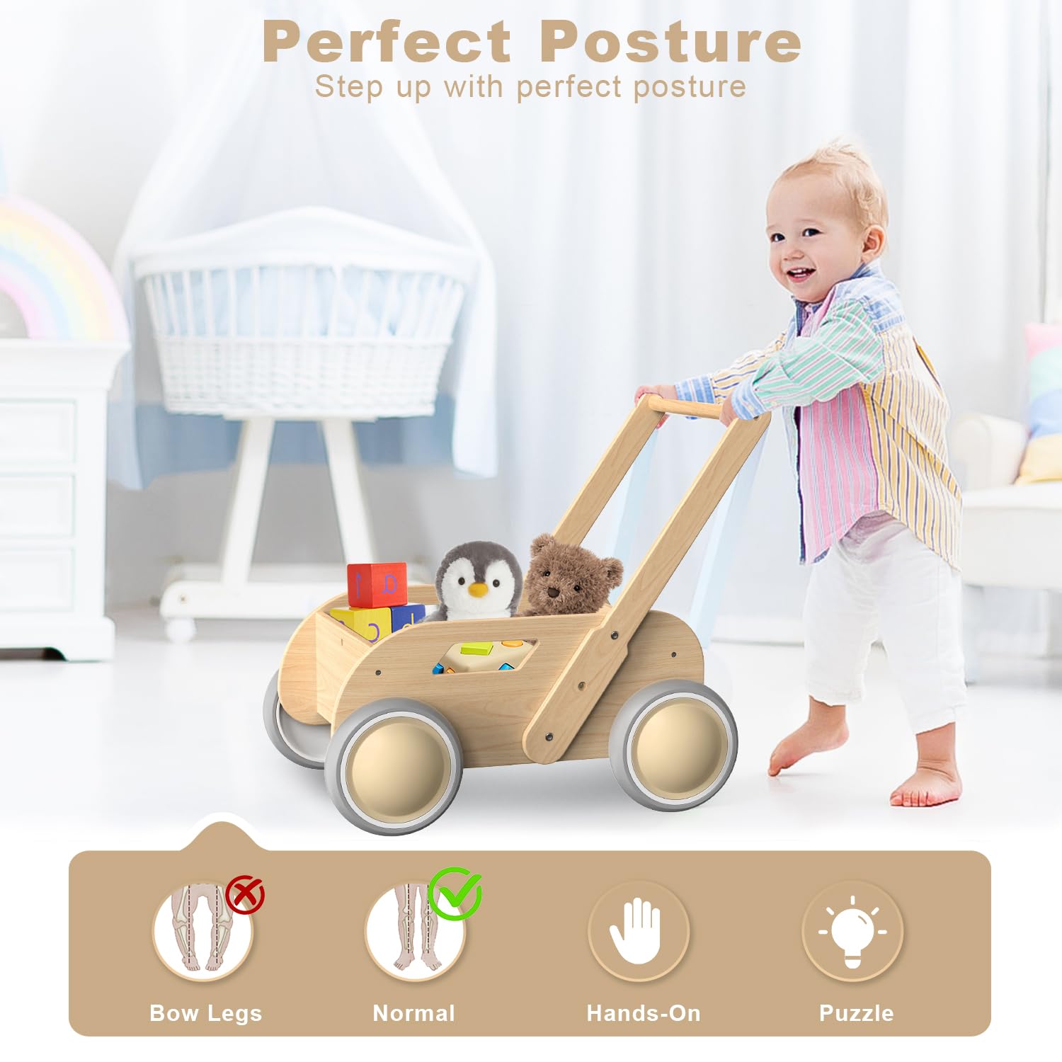 WyfKyd wooden baby walker anti-tipping back wheel design reduces tips during learning.