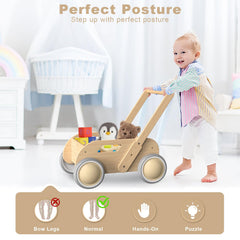 WyfKyd wooden baby walker anti-tipping back wheel design reduces tips during learning.