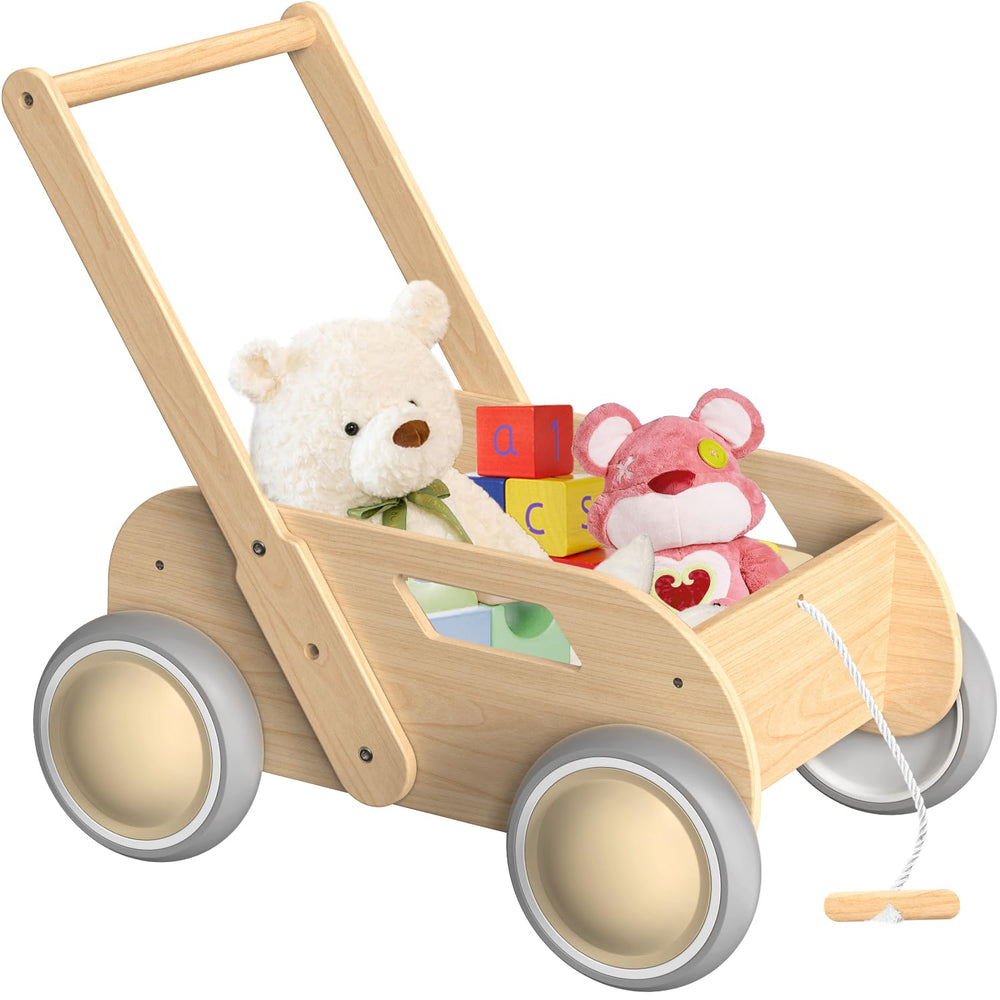 WyfKyd wooden baby walker height adjustment setting at 17 inches for growing kids.