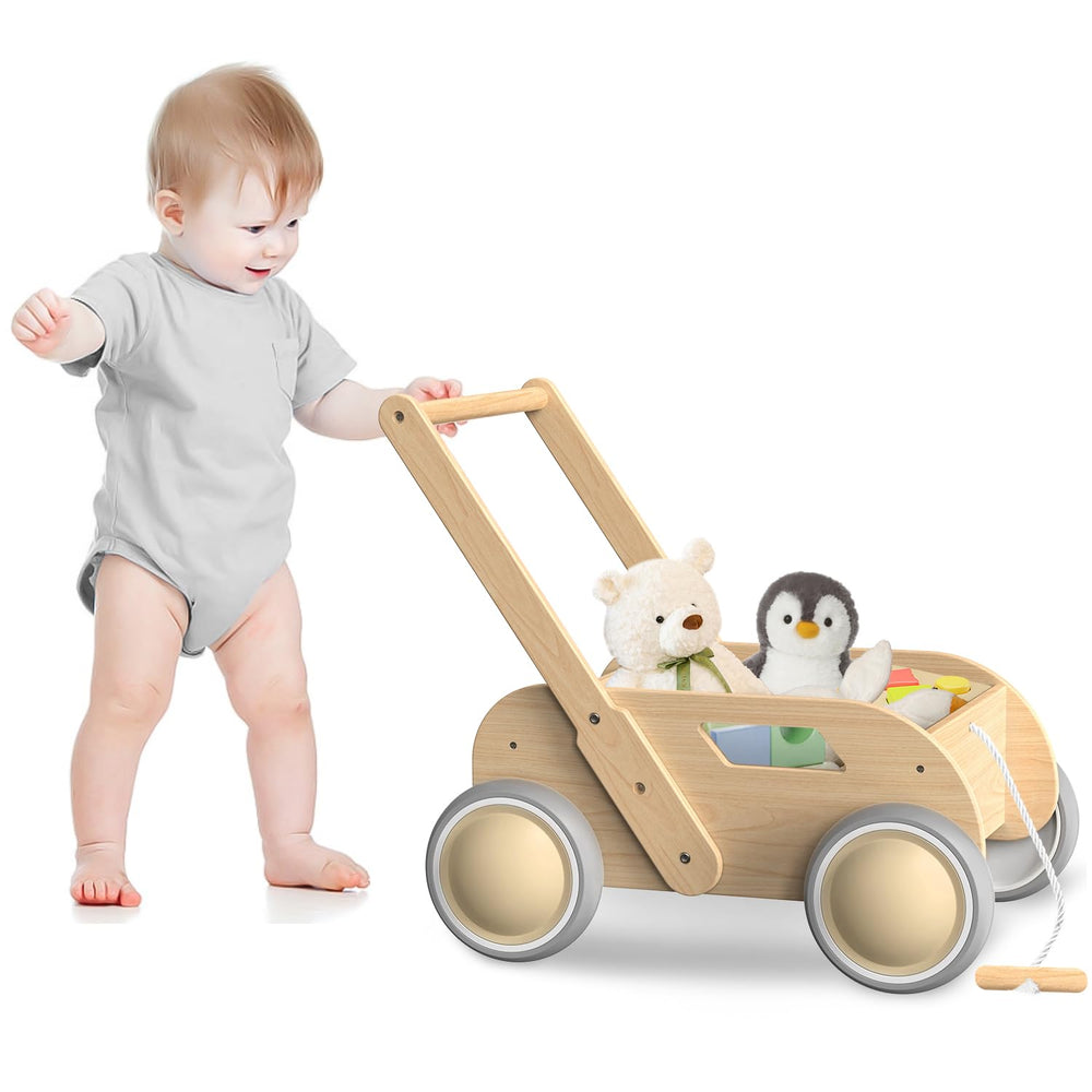 WyfKyd wooden baby walker natural finish emphasizes sturdy support for early walking.