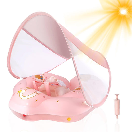 WYRIAZA baby float with canopy provides shade during water play.