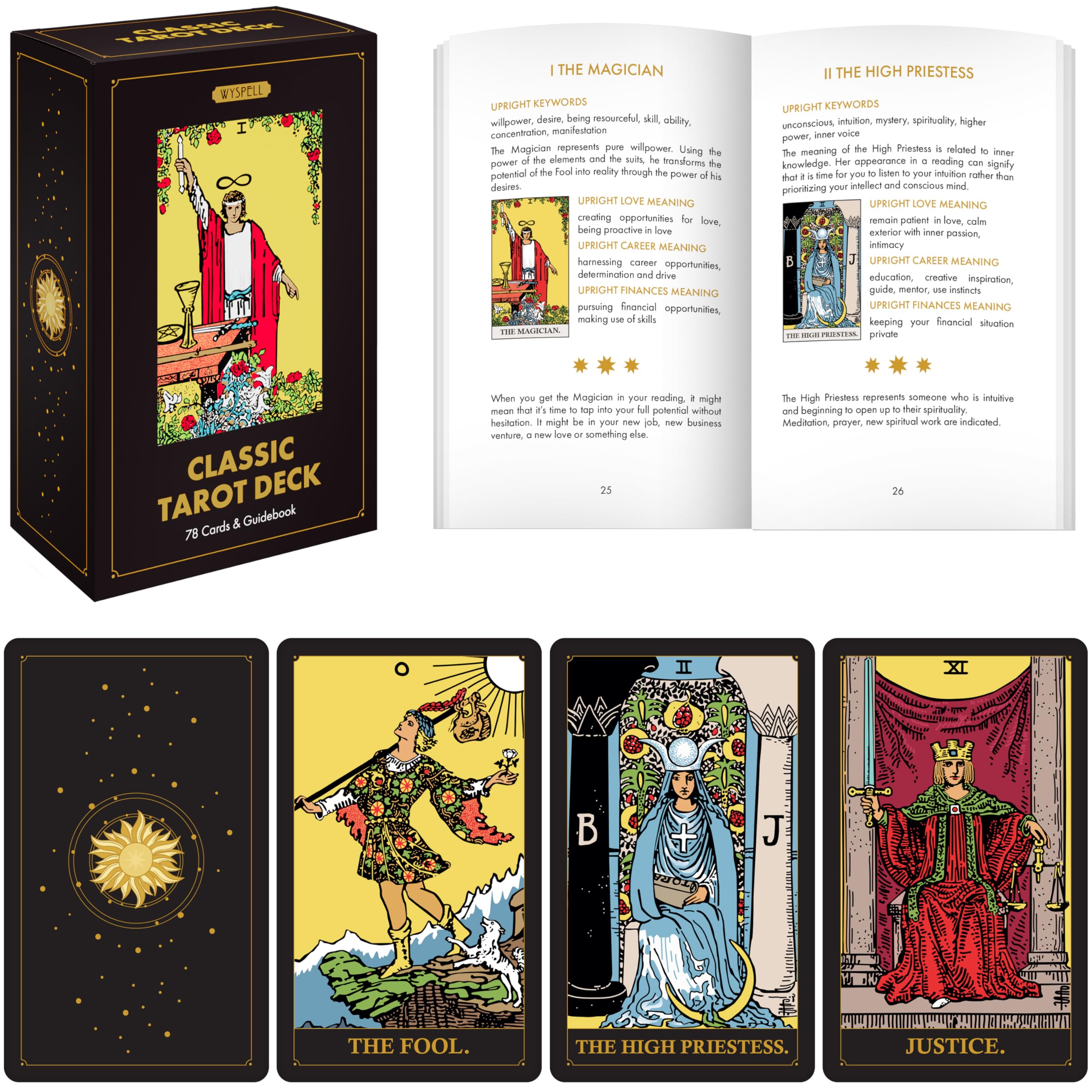 Wyspell Classic Tarot Cards for Beginners with dark cover for sturdy daily use.