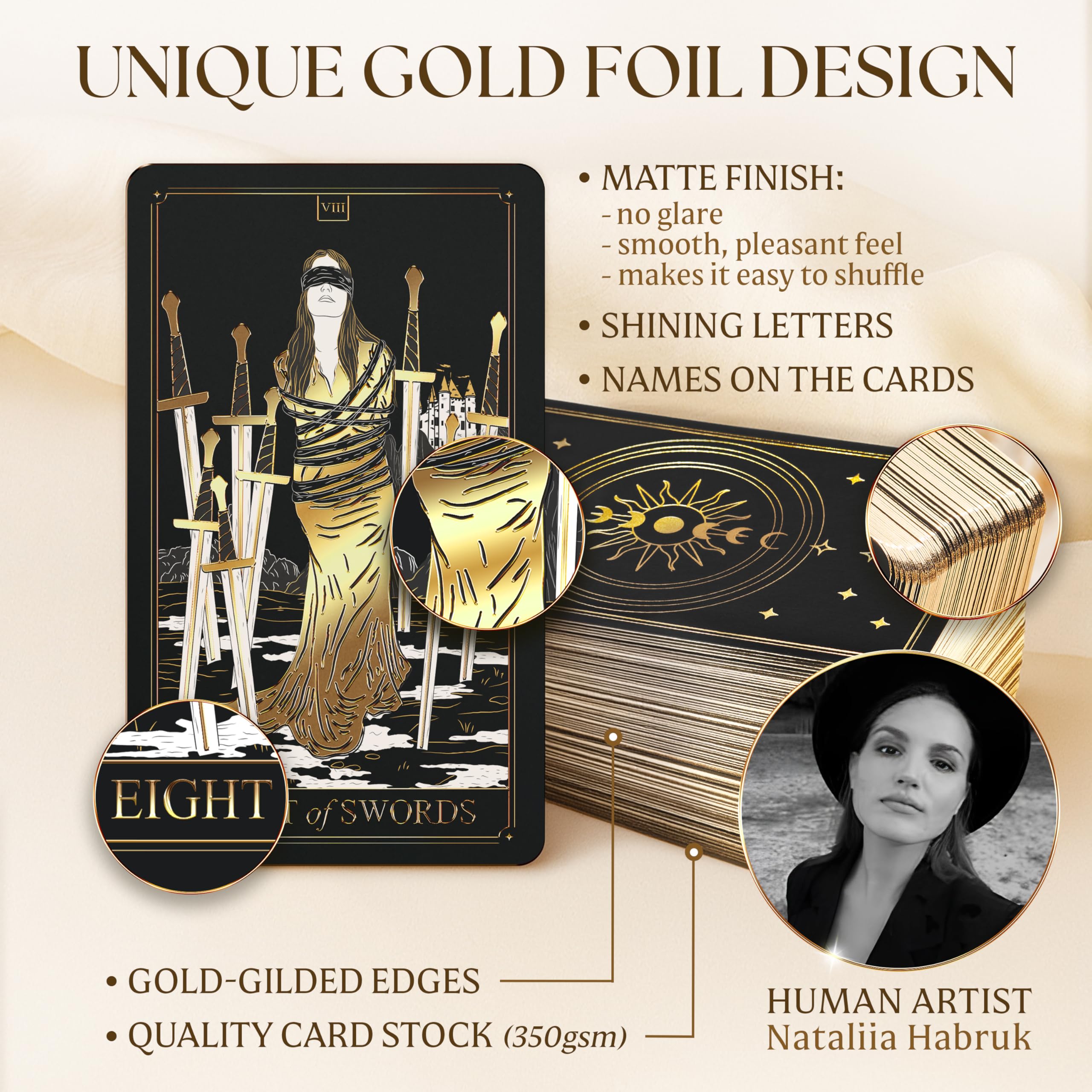 Wyspell gold-foil-edges close-up, luxurious feel for focused candlelit sessions.