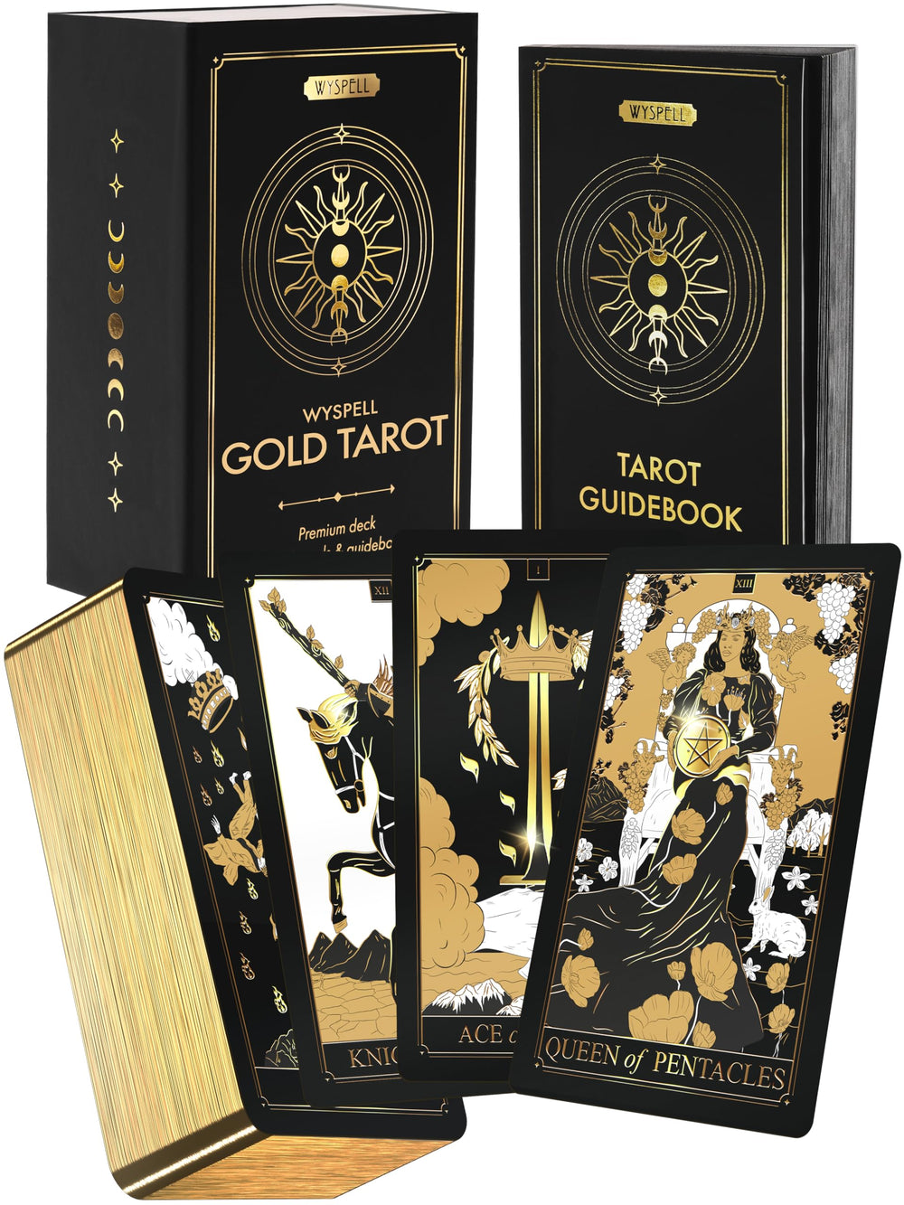 Wyspell Gold Tarot deck front view, ideal for straightforward beginner readings.