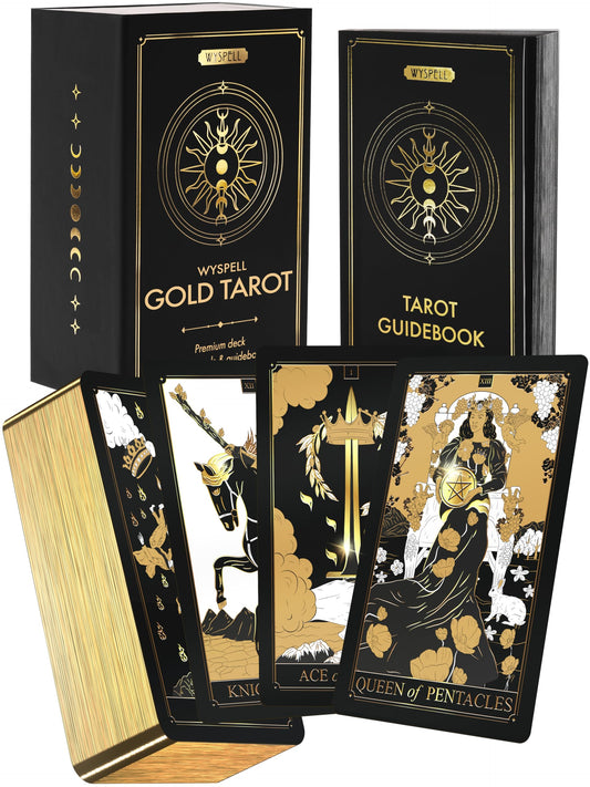 Wyspell Gold Tarot deck front view, ideal for straightforward beginner readings.