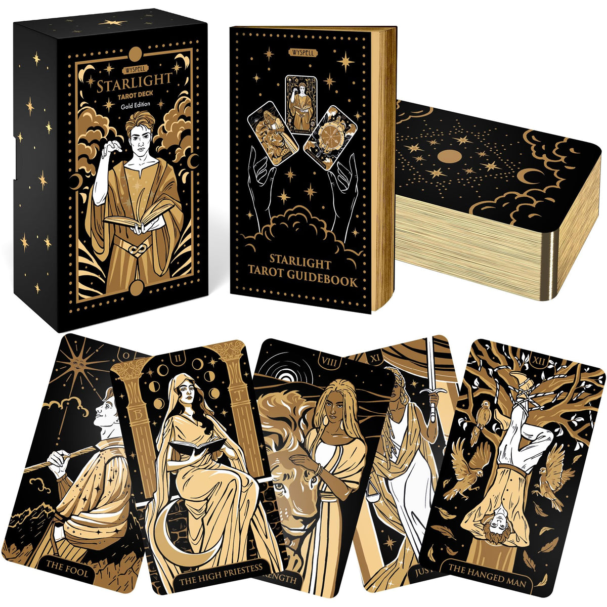 Wyspell Starlight Tarot Deck with gold edition for beginners, featuring radiant artwork