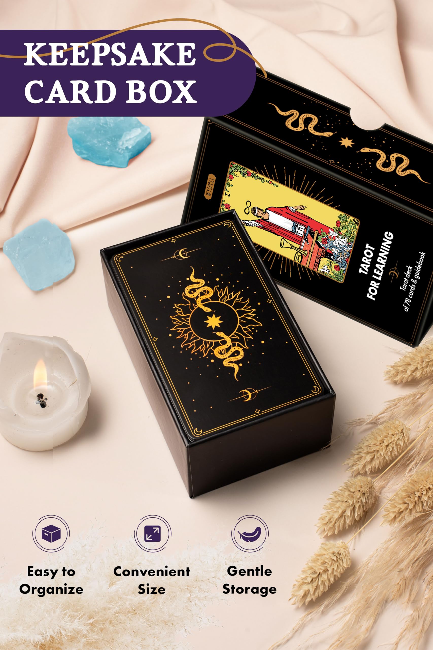 Wyspell Tarot deck closed box keeps cards protected and portable.