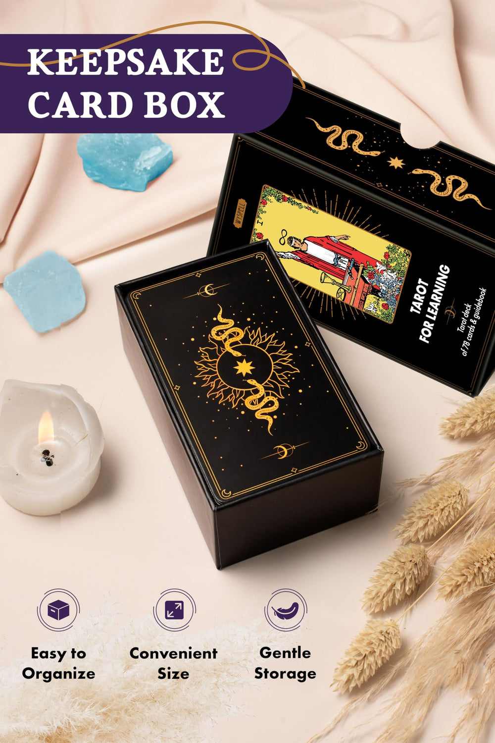 Wyspell Tarot deck closed box keeps cards protected and portable.
