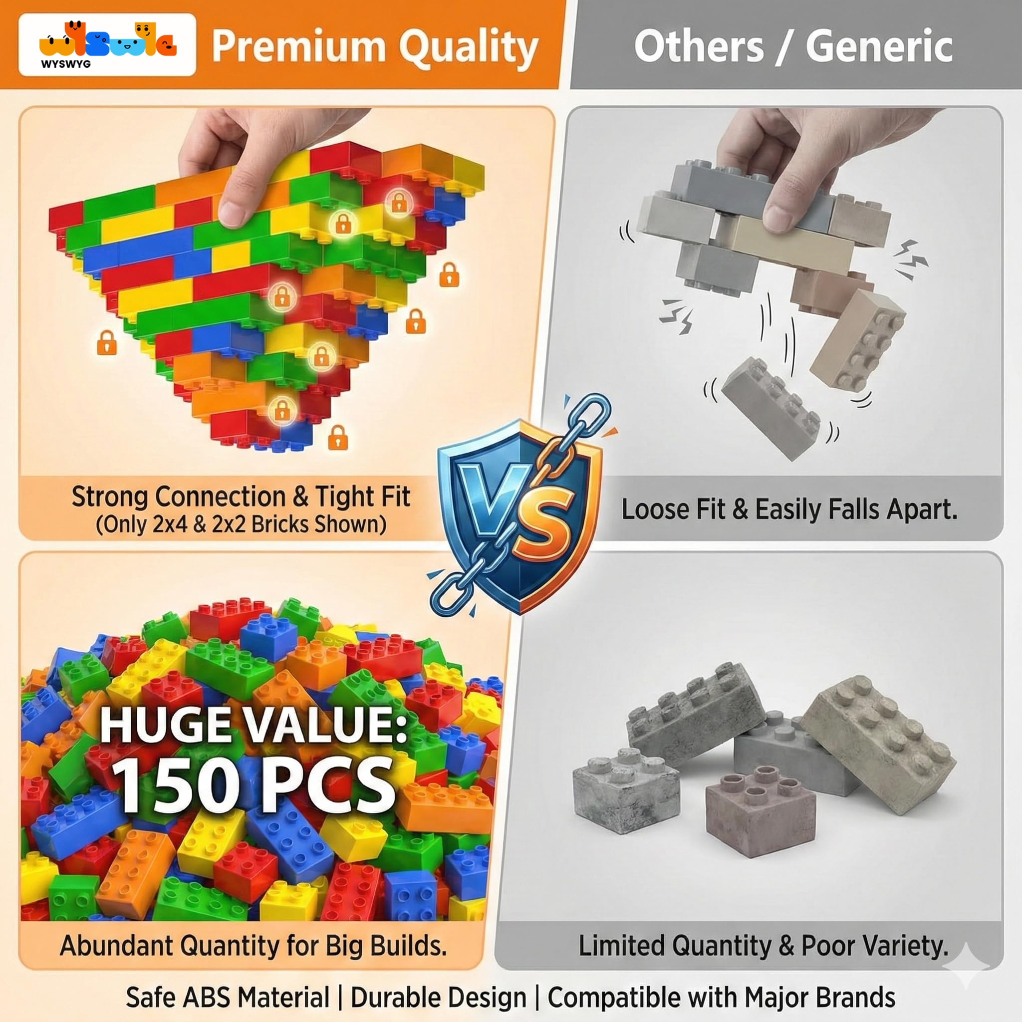 WYSWYG bricks in five colors spark imagination and colorful building projects.