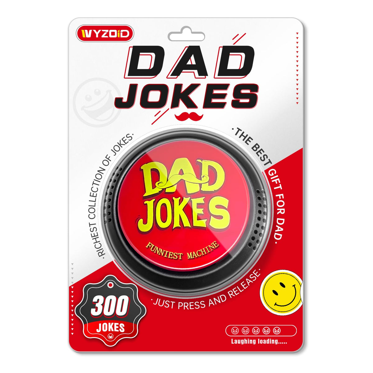 WYZOID Dad Jokes Button front view, compact design for instant humor at gatherings