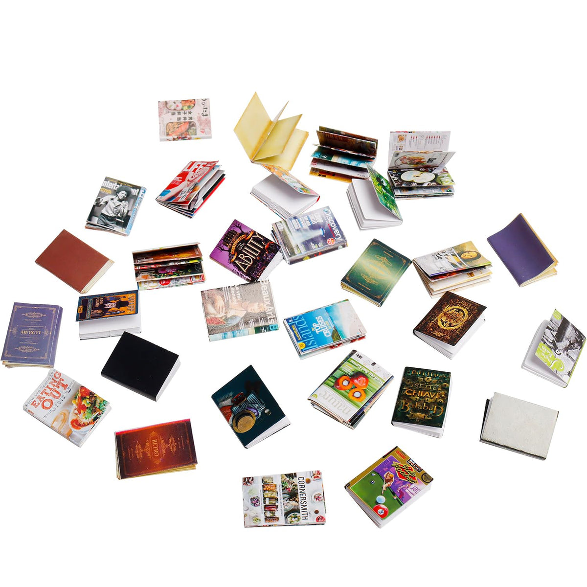 X Hot Popcorn mini books arranged on a shelf for elegant mini living room decor