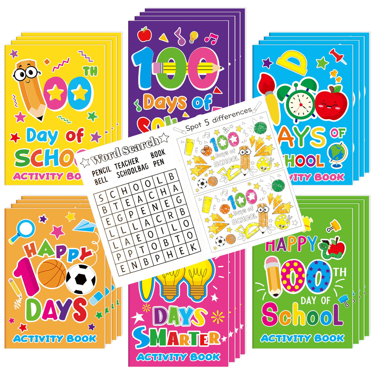 X1zuue 100th Day collection cover showing colorful activity books for classrooms