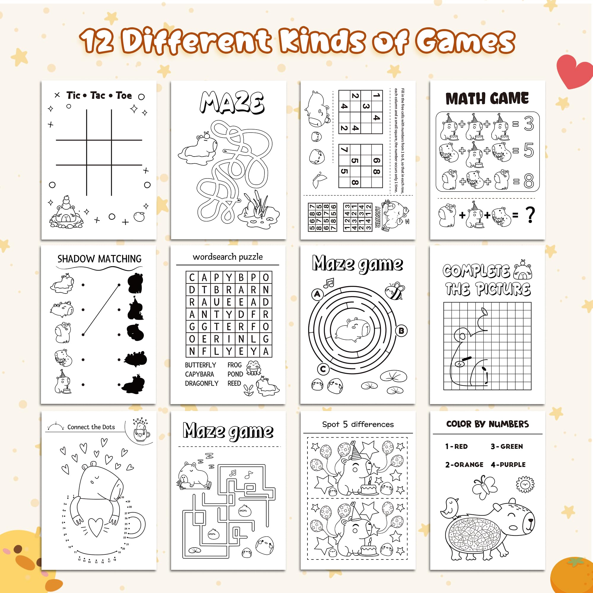 X1zuue Capybara activity book game layouts showcase 12 engaging activities for kids.