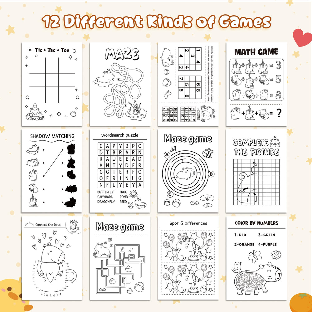 X1zuue Capybara activity book game layouts showcase 12 engaging activities for kids.